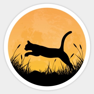 Funny Jumping Cat Silhouette with Full Moon Sticker